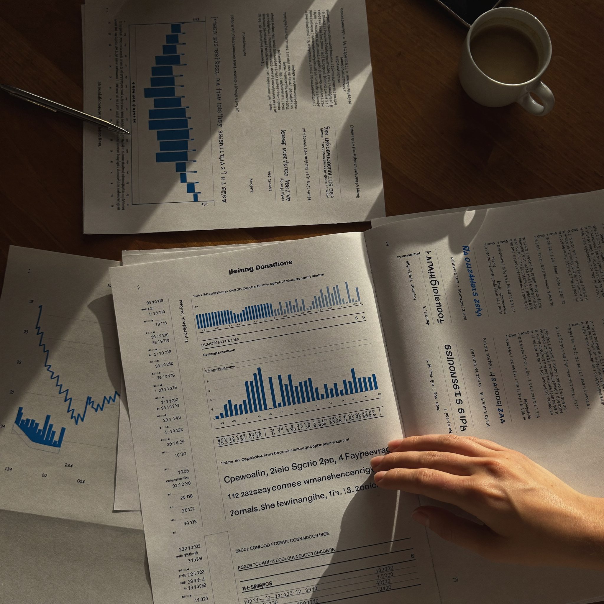 Hands reviewing a year's worth of financial statements at the Quigney office